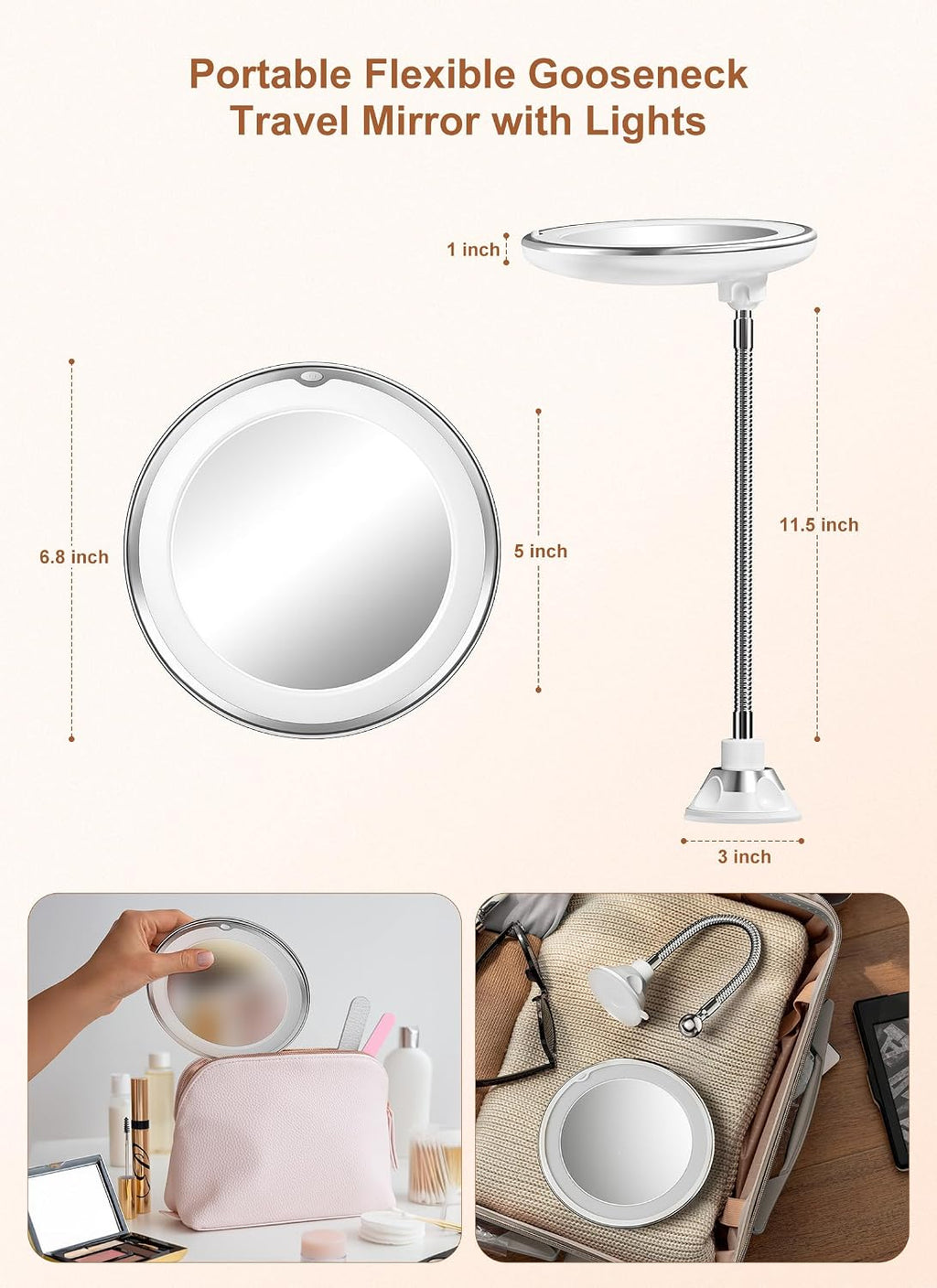 Espejo de aumento 10x con luz, espejo de maquillaje de viaje flexible de