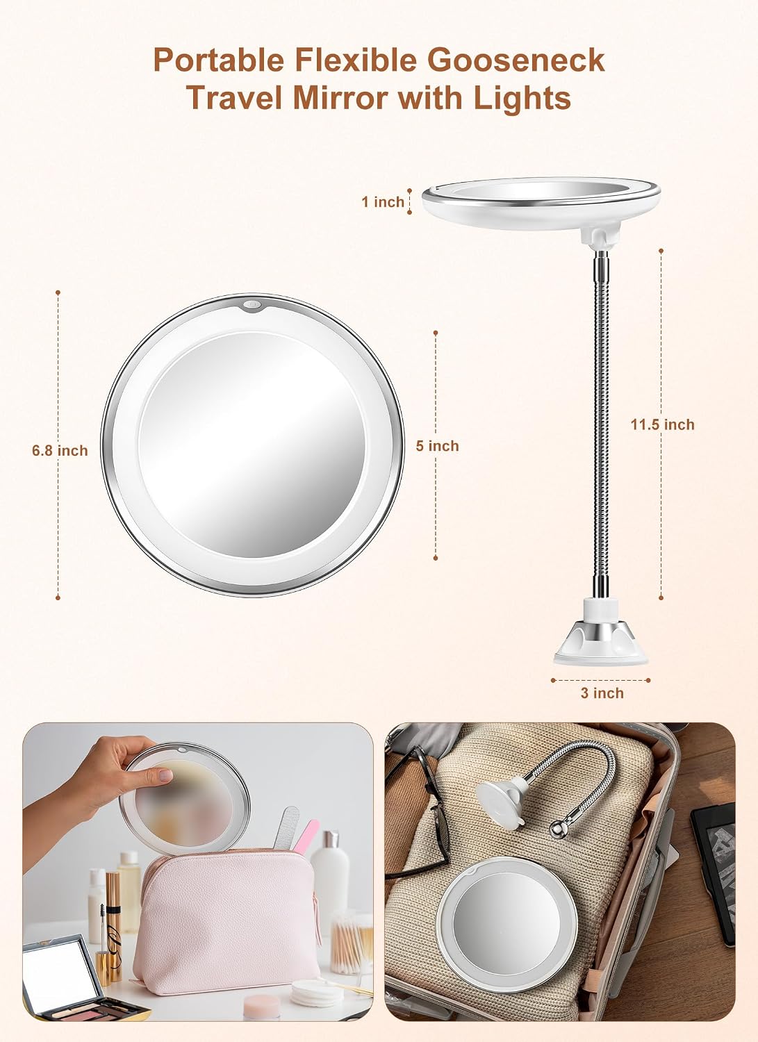Espejo de aumento 10x con luz, espejo de maquillaje de viaje flexible de