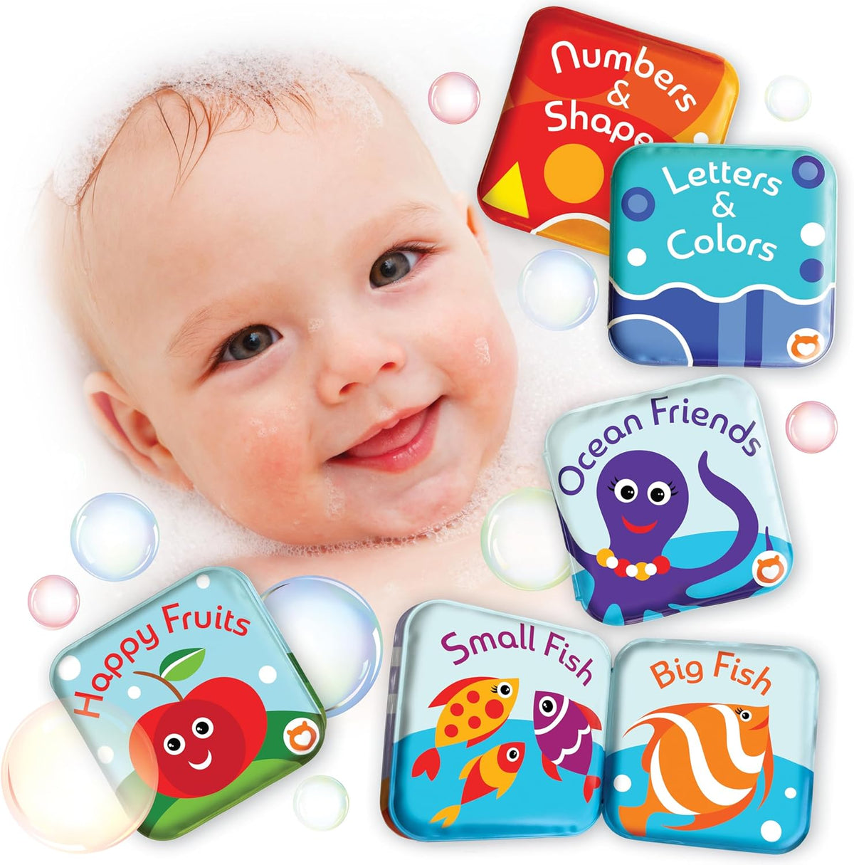 Libros flotantes de baño para bebés, juguetes de baño para niños y niños, juguetes educativos para el baño (juego de 4: frutas, océano, ABC, libros de números)