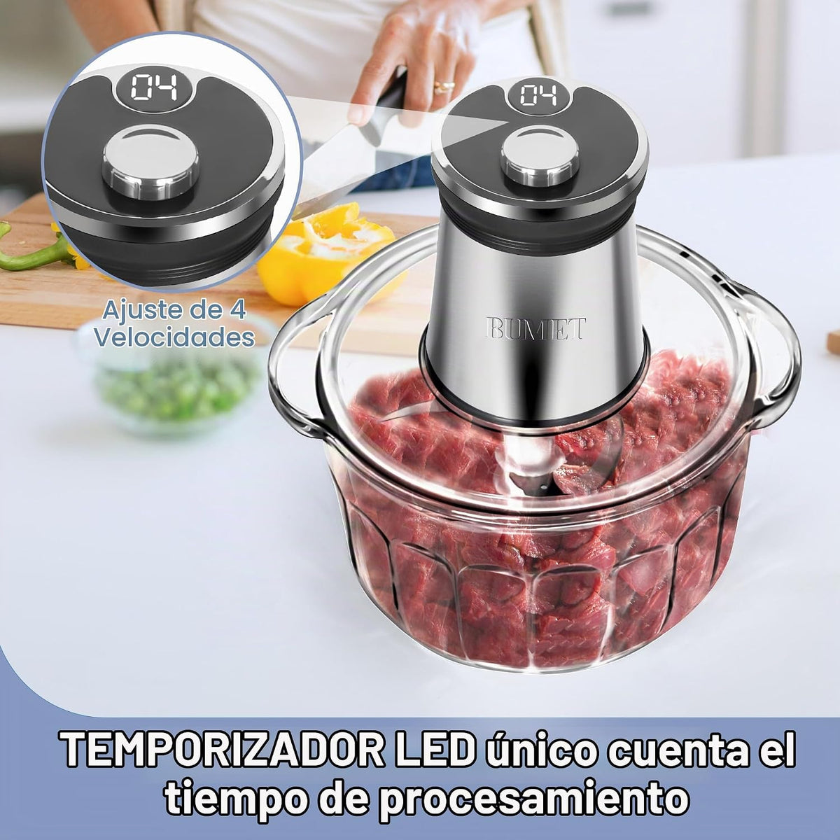Cuenco de vidrio de 16 tazas 850 W procesador eléctrico de alimentos, temporizador LED. Cuchilla de 6 filos de corte de 3 niveles para picar, picar, ideal como picadora de carne, picadora de verduras frescas, proceso de alimentos para mascotas en la