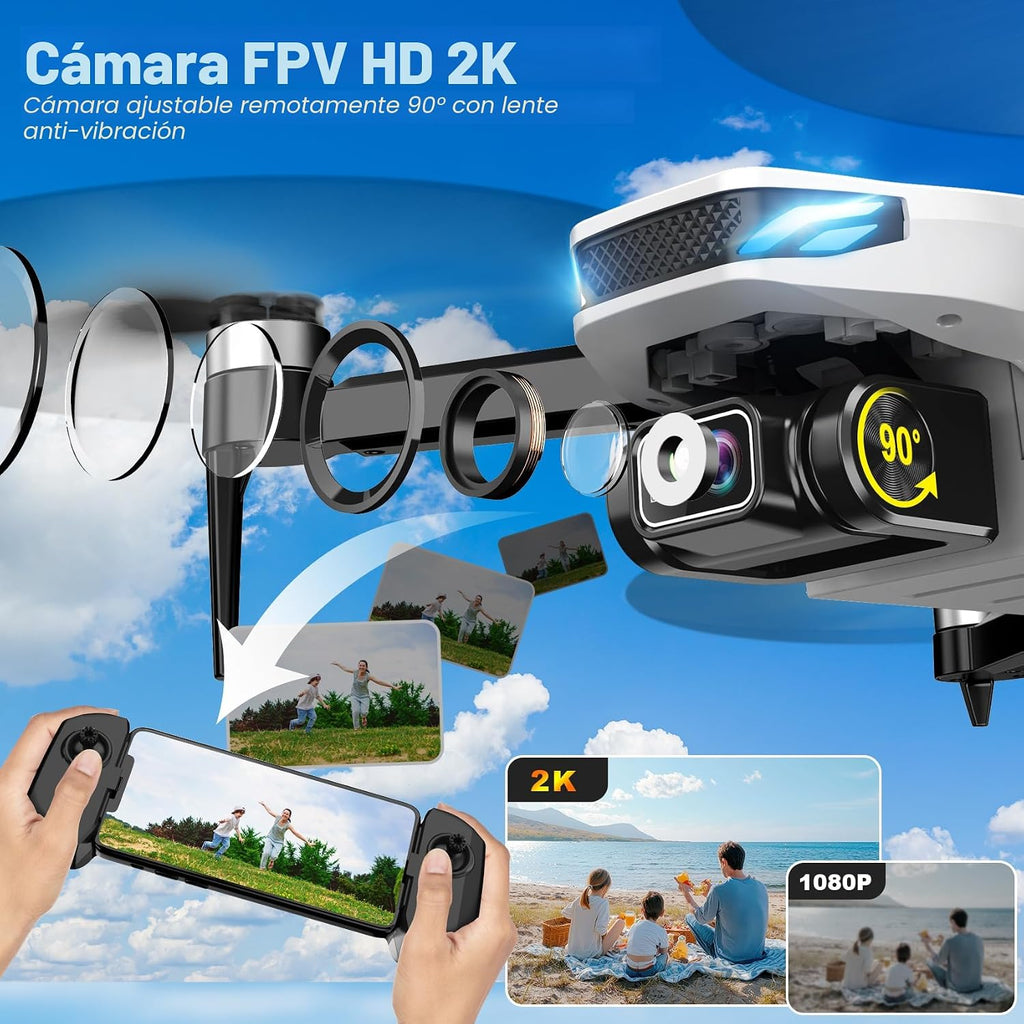 Drone GPS con cámara para adultos, Drones GPS 2K HD con retorno automático, sígueme, vuelo circular, vuelo de punto de referencia, flujo óptico, motor sin escobillas, transmisión 5G plegable FPV
