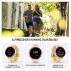 Garmin® Forerunner® 570, 42mm, Reloj inteligente avanzado GPS para correr y triatlón, pantalla AMOLED, funciones de entrenamiento y recuperación, aluminio frambuesa con banda translúcida hueso/mango