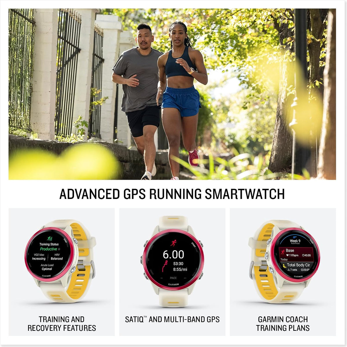 Garmin® Forerunner® 570, 42mm, Reloj inteligente avanzado GPS para correr y triatlón, pantalla AMOLED, funciones de entrenamiento y recuperación, aluminio frambuesa con banda translúcida hueso/mango