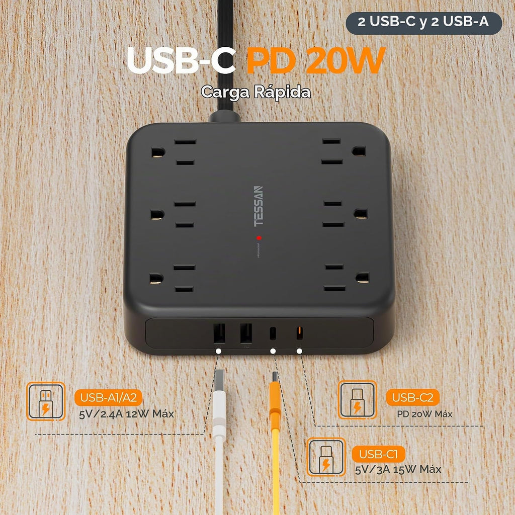TESSAN Regleta protectora de sobretensiones, cable de extensión de enchufe