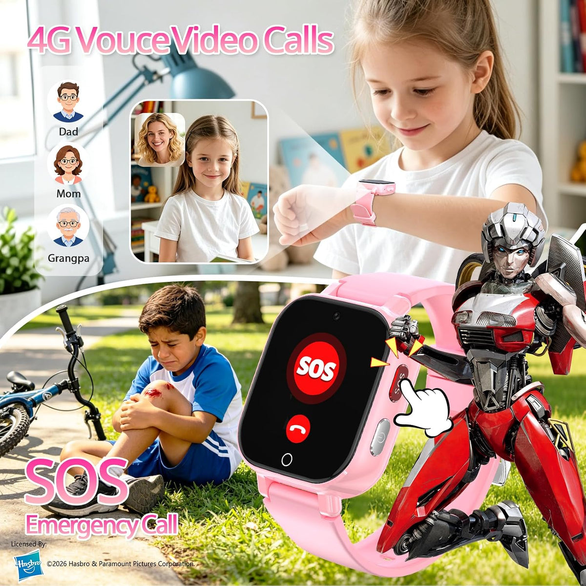 Transformers Reloj Inteligente para Niños 4G, Teléfono, GPS, Llamadas de Video, a Prueba de Agua - Rosa