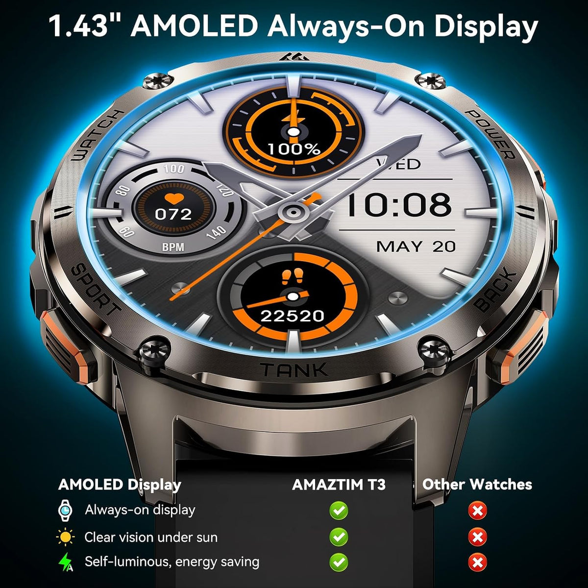 AMAZTIM Tank T3 - Relojes inteligentes para hombre, cuerpo de metal