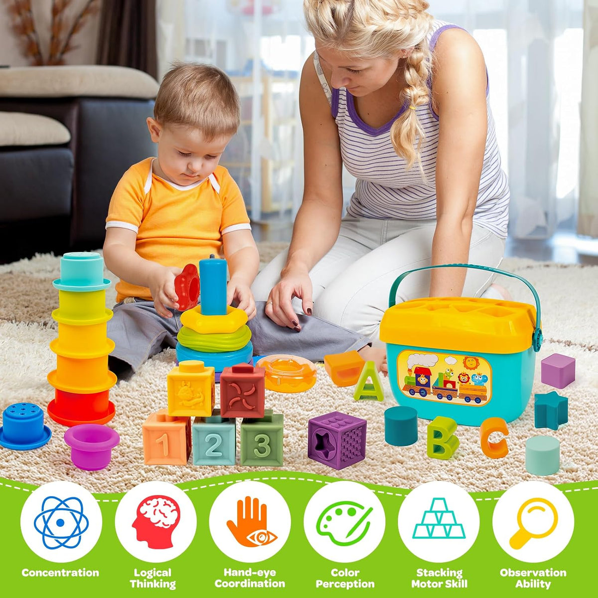Montessori - Juguete para bebés de 6 a 12 meses, bloques apilables, clasificador de formas de juguete