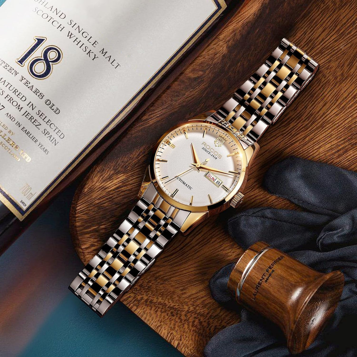ROCOSJEWE R0101 Reloj Automático Mecánico para Hombre de Lujo Dorado Reloj Clásico Retro Correa de Cuero Marrón Impermeable Regalo para Hombre Moda Negocios