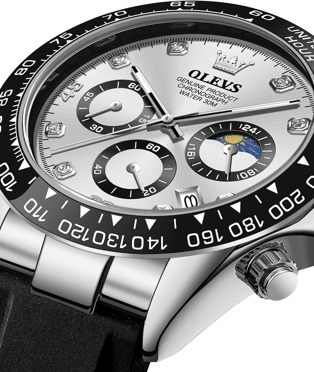 OLEVS Relojes de pulsera analógicos de cuarzo para hombre, cronógrafo, multifunción, fase lunar, fase luminosa, banda de silicona, relojes de pulsera