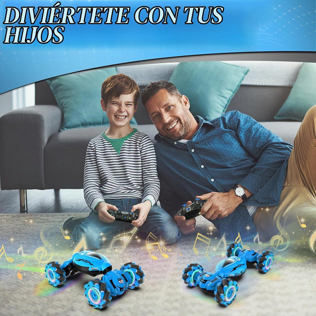 Gesture RC Car, juguete de acrobacias RC con detección de gestos para niños de 6 a 12 años, control remoto de mano 4WD de 2.4 GHz con luces y música, deriva con rotación de 360° todoterreno