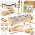 Instrumentos musicales para niños, juegos de juguetes de percusión musical de madera 100% natural, 23 piezas de juguetes de pandereta y xilófono para niños, niñas, niños, educación preescolar
