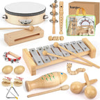Instrumentos musicales para niños, juegos de juguetes de percusión musical de madera 100% natural, 23 piezas de juguetes de pandereta y xilófono para niños, niñas, niños, educación preescolar
