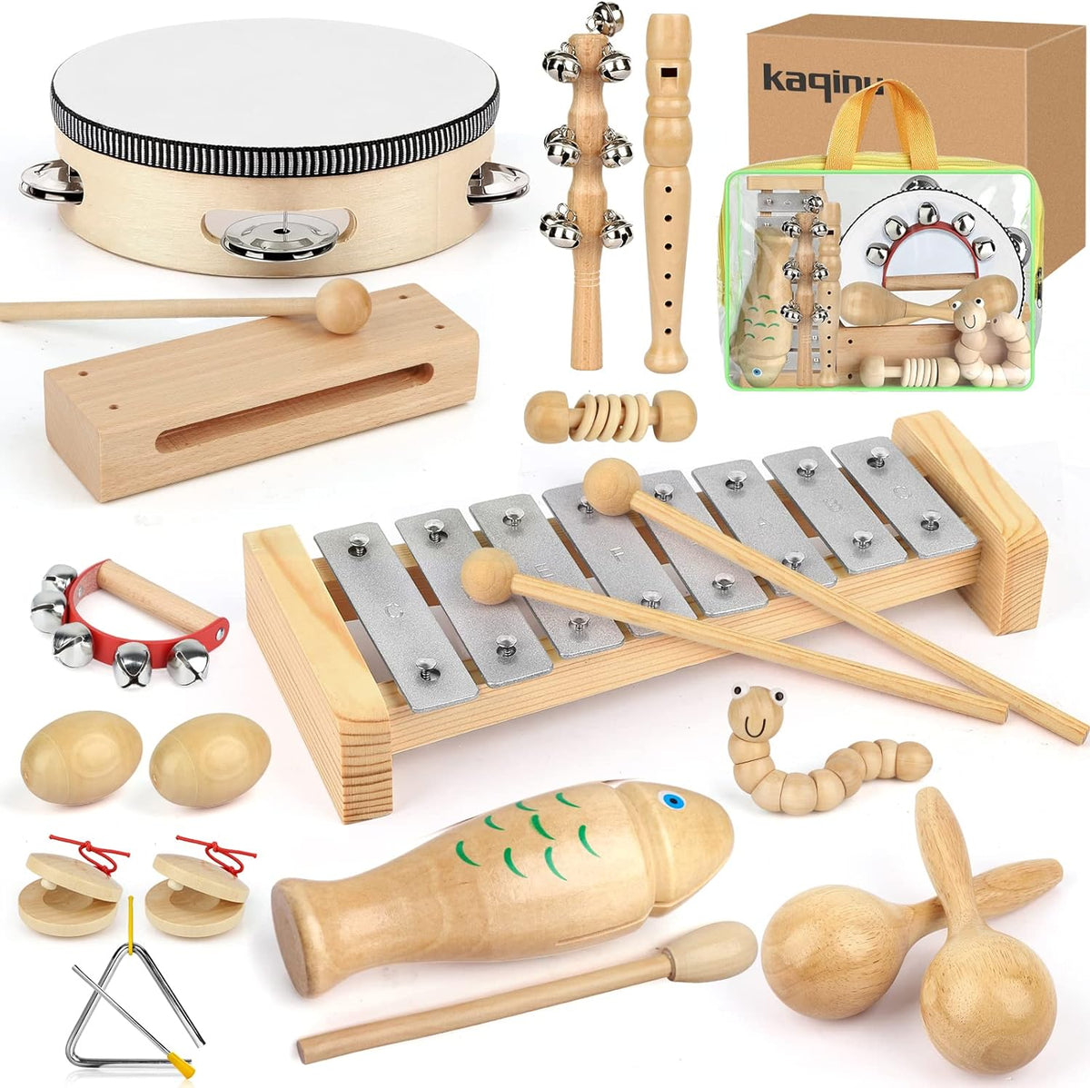 Instrumentos musicales para niños, juegos de juguetes de percusión musical de madera 100% natural, 23 piezas de juguetes de pandereta y xilófono para niños, niñas, niños, educación preescolar