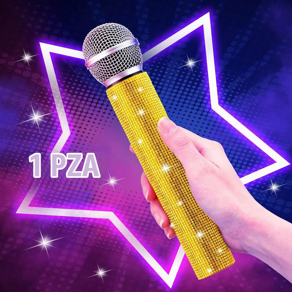 Micrófono Falso de Apoyo con Brillantina y Rinstones de Cristal de Rinoplástico para Jugar, Micrófono de Pretensión con Purpurina y Adornos para Cosplay, Traje de Fiesta (Dorado)