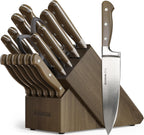 Astercook Juego de 17 cuchillos con afilador incorporado, cuchillos de cocina alemanes de espiga completa de acero inoxidable, juego de cubiertos ergonómicos con mango de nogal para cocina casera y regalo del día del padre para papá