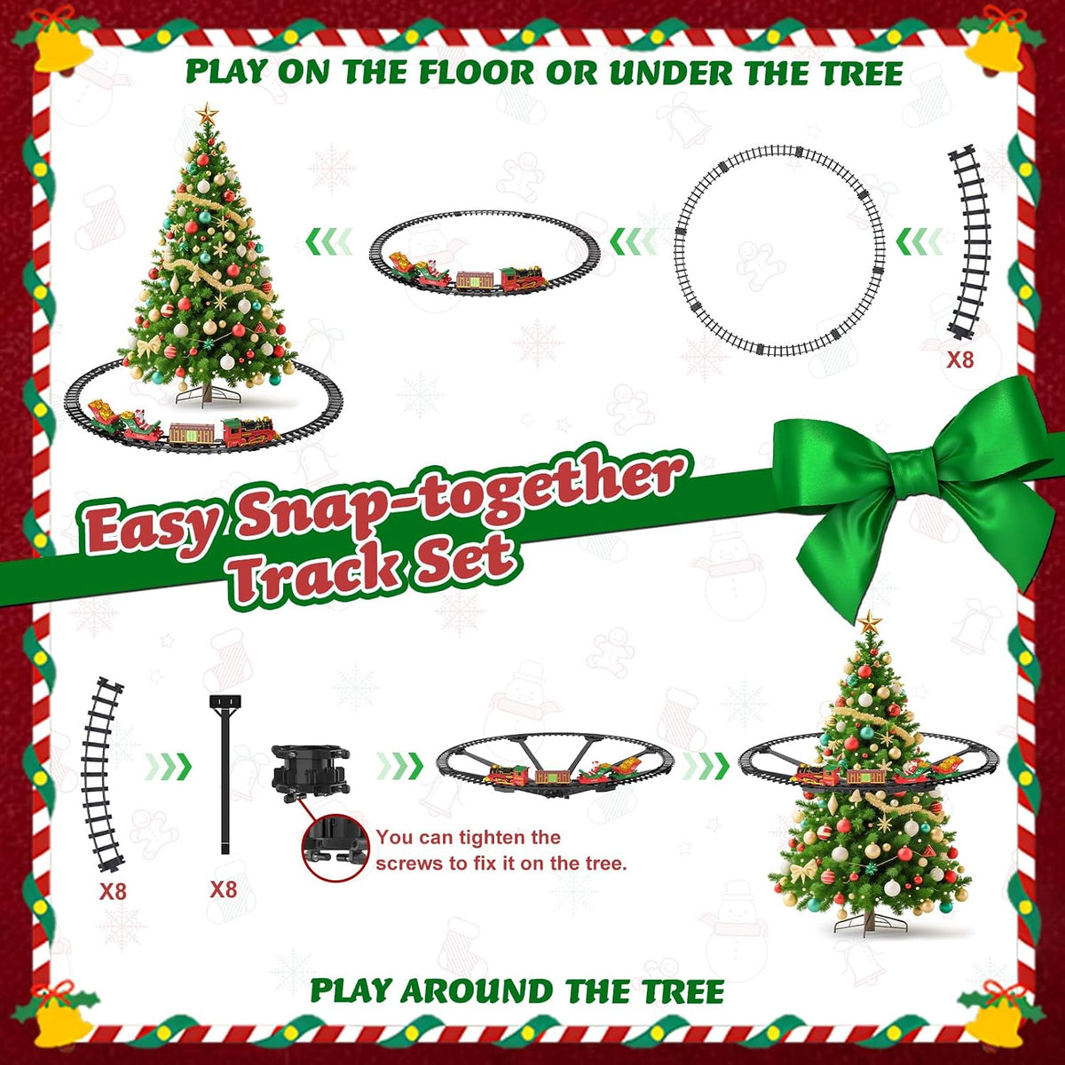 Juego de tren de Navidad colgante con luz/humo/sonido/música, juego de tren de juguete alrededor debajo del árbol de Navidad, regalo de juguetes de Navidad con Papá Noel, juego de tren de árbol de Navidad para niños de 3-5, 4-8