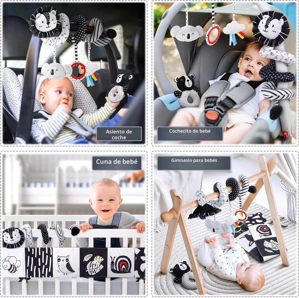 Joyreal Juguetes sensoriales de alto contraste para recién nacidos, juguetes sensoriales para bebés en blanco y negro con juguetes para asiento de automóvil, juguetes infantiles con libro de tarjetas