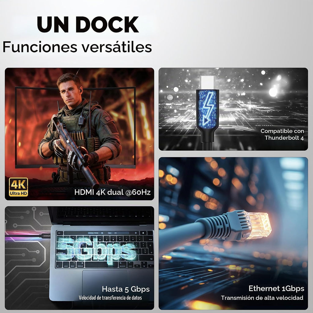 Estación de acoplamiento Wozoyo tipo C 9 en 1 con 2 puertos USB 5 Gbps, 2 x 4K HDMI, Gigabit Ethernet, lector de tarjetas SD y TF, PD 100 W, USB 2.0, USB-C Hub, compatible con Thunderbolt 4, macOS