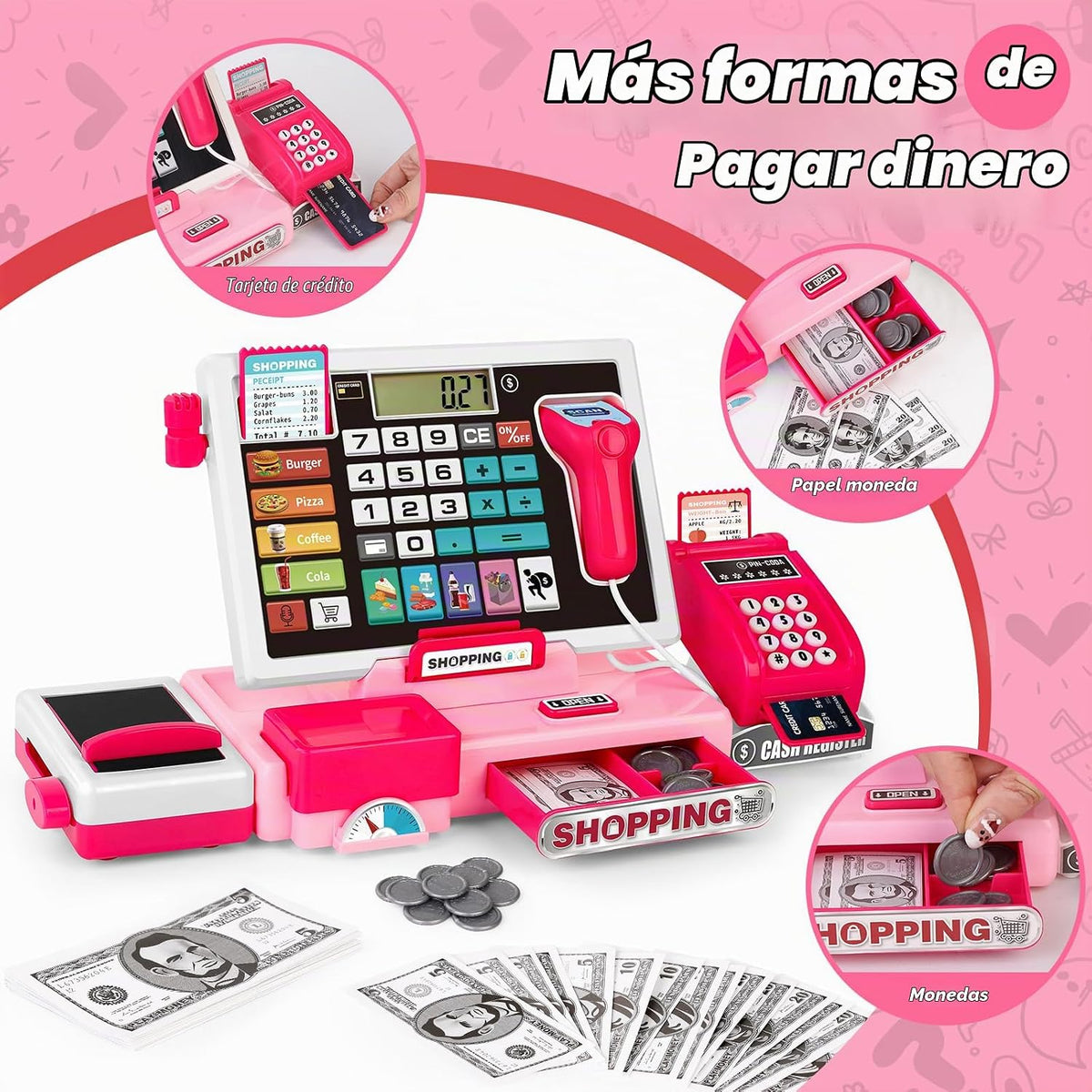 Set de juguete de caja registradora para niños, tienda de juguete para niños pequeños con calculadora real, caja registradora con escáner/tarjeta de crédito/dinero de juguete/comida, juguetes