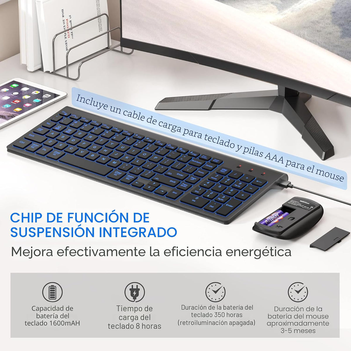 Combo de teclado y mouse inalámbricos retroiluminados ultra delgado...
