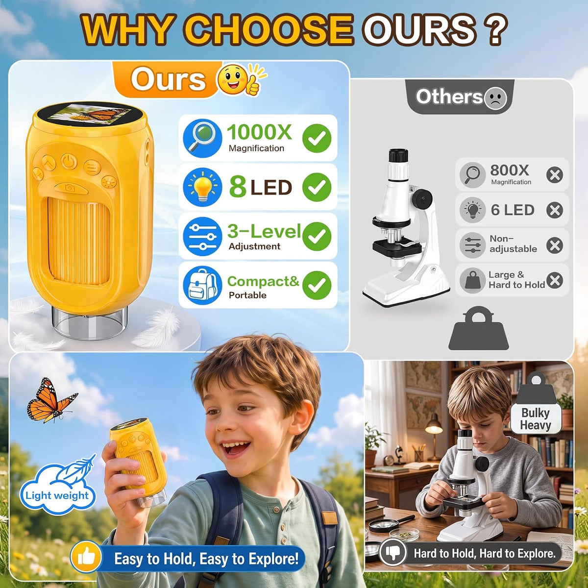 Microscopio digital de mano 1000X para niños: juguetes STEM, regalos para