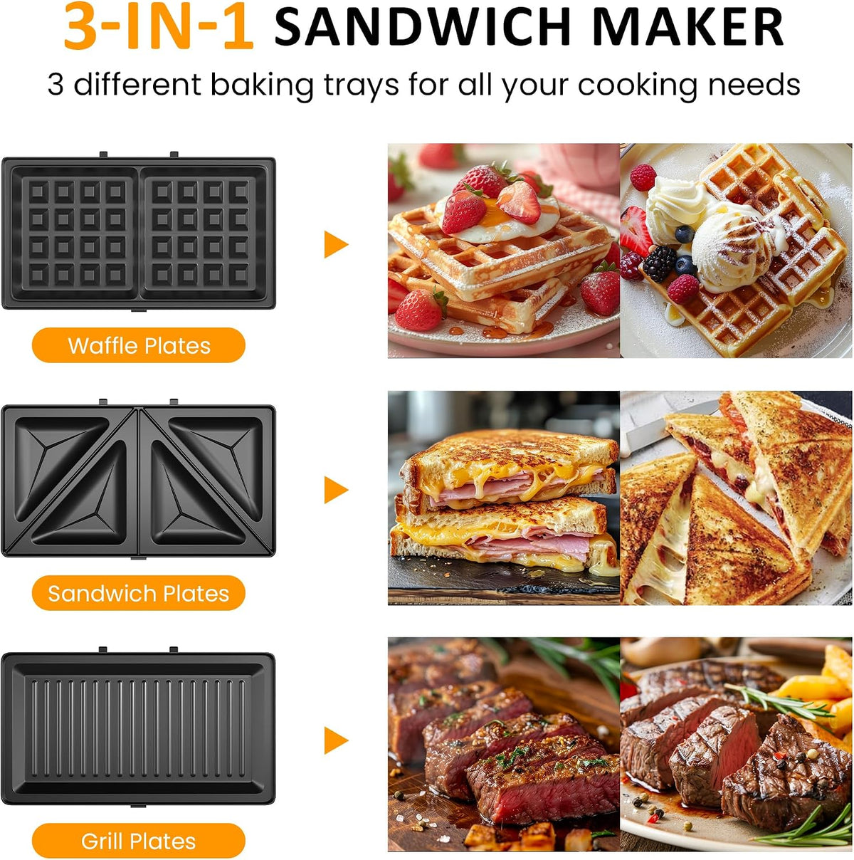 Sandwichera eléctrica 3 en 1 con placas antiadherentes extraíbles, 800 W, color negro
