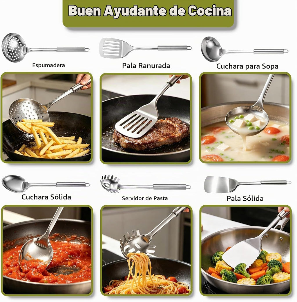 Juego de utensilios de cocina de acero inoxidable – Juego de utensilios de cocina de 12 piezas con soporte, juego de herramientas de cocina resistentes al calor para cocinar con volteadores