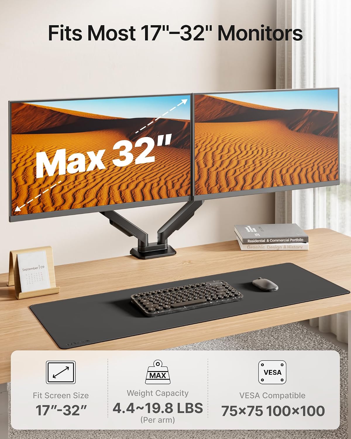 monTEK Brazos de monitor de montaje de monitor dual para pantalla de 17-32"
