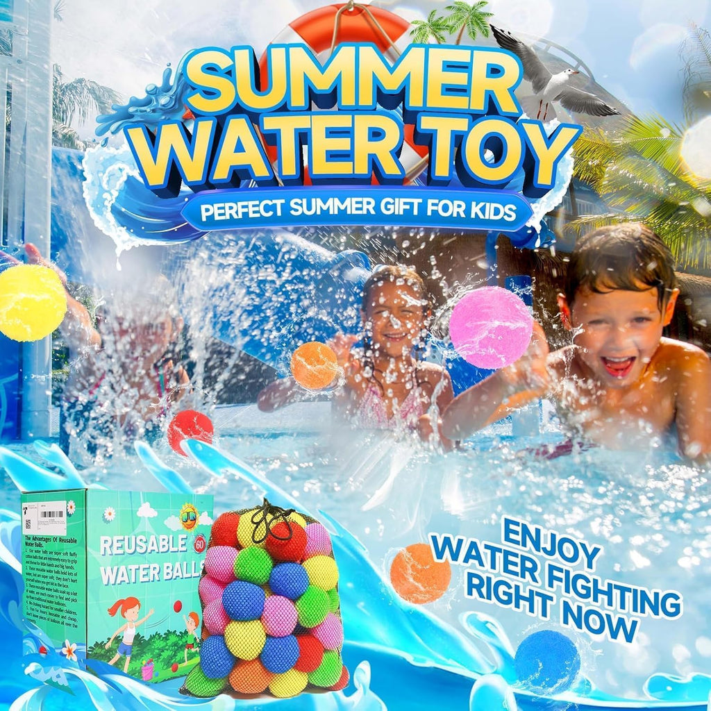 60 Piezas Pelotas de Agua Reutilizables, Globos de Agua Reutilizables para Juguetes y Juegos al Aire Libre, Juguetes de Agua para Niños y Adultos Niños y Niñas - Pelotas de Juguetes de Verano para