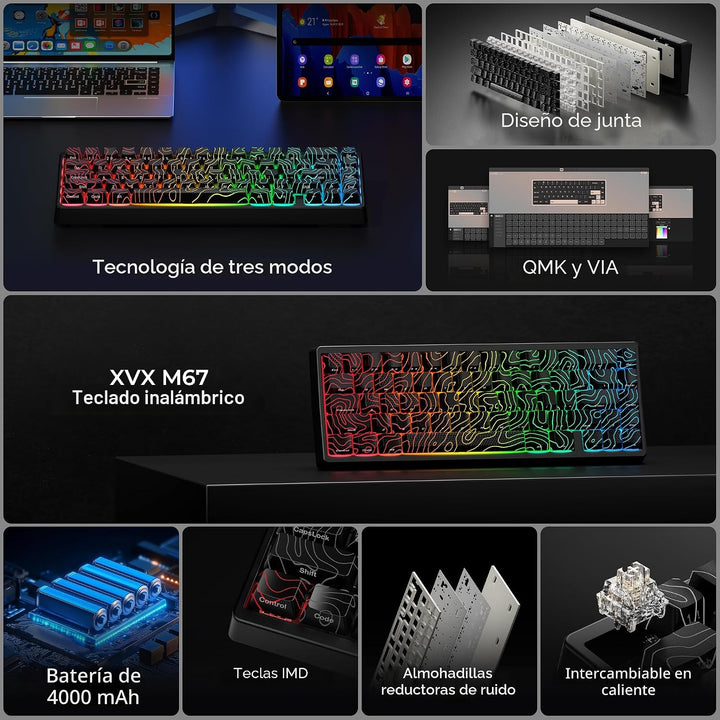 HITIME x XVX M67 - Teclado inalámbrico 60% por ciento, teclado gami...