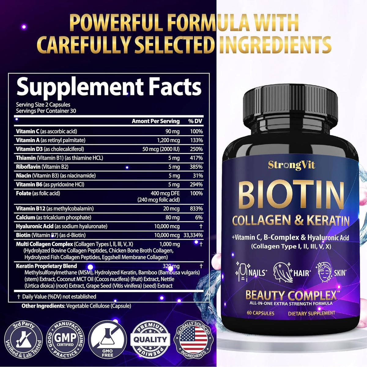 Biotina con ácido hialurónico, queratina y suplementos de colágeno...