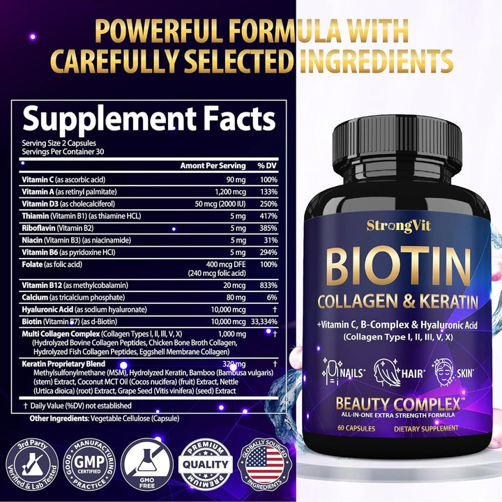 Biotina con ácido hialurónico, queratina y suplementos de colágeno...