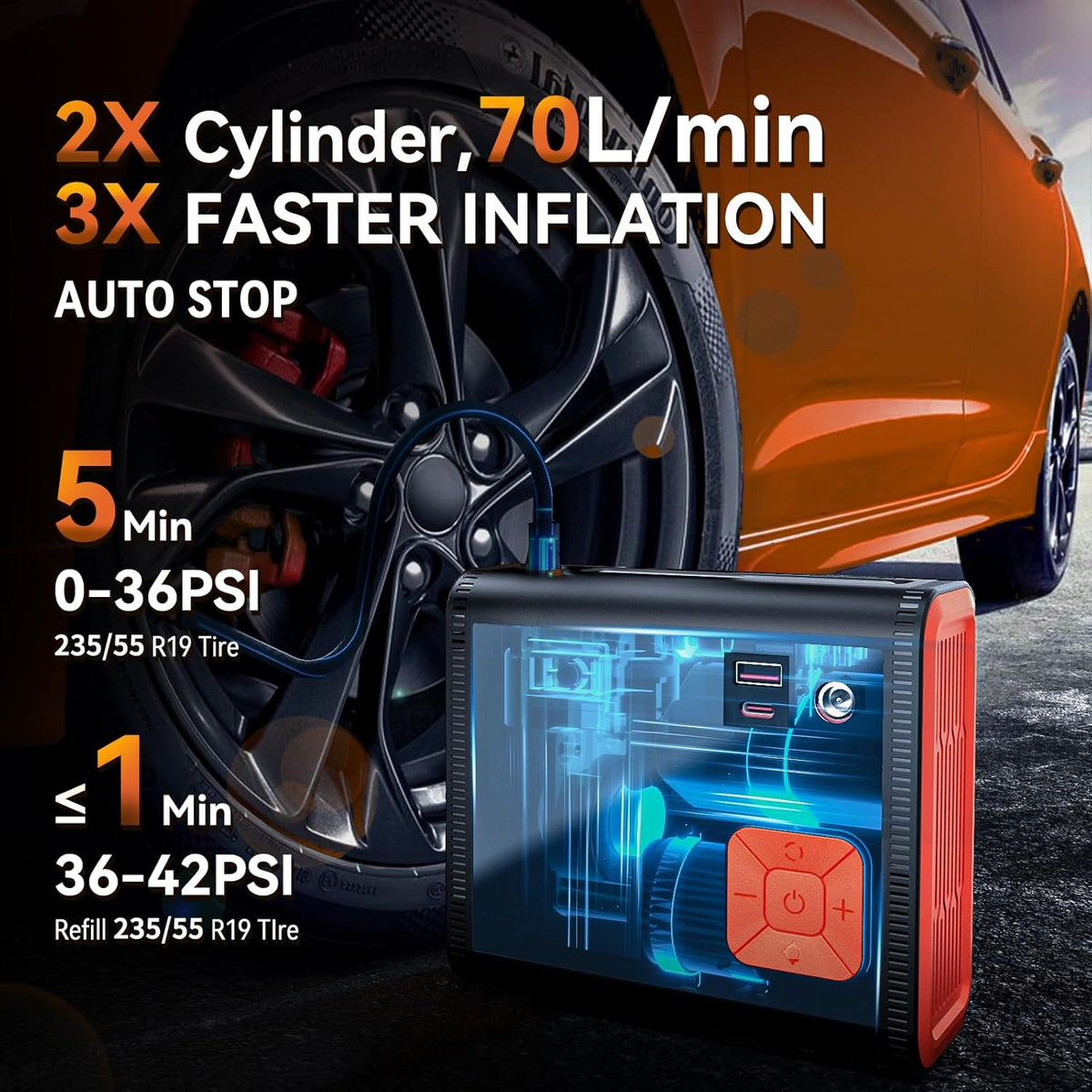 ZUZEE Inflador de Neumáticos Compresor de Aire Portátil, 150 PSI Do...