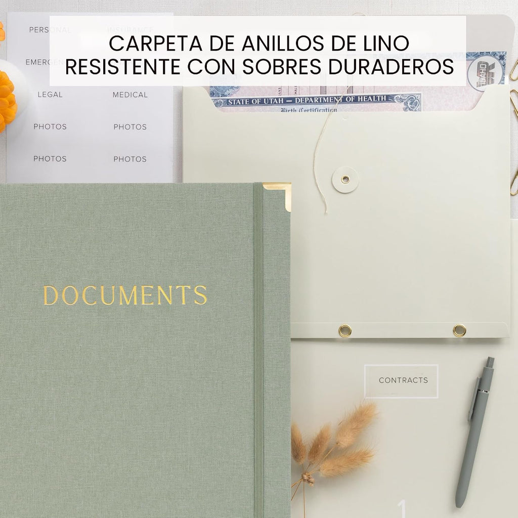 Conjunto de Organizadores de Documentos Importantes con Carpetas - Anillador de Lino Completo