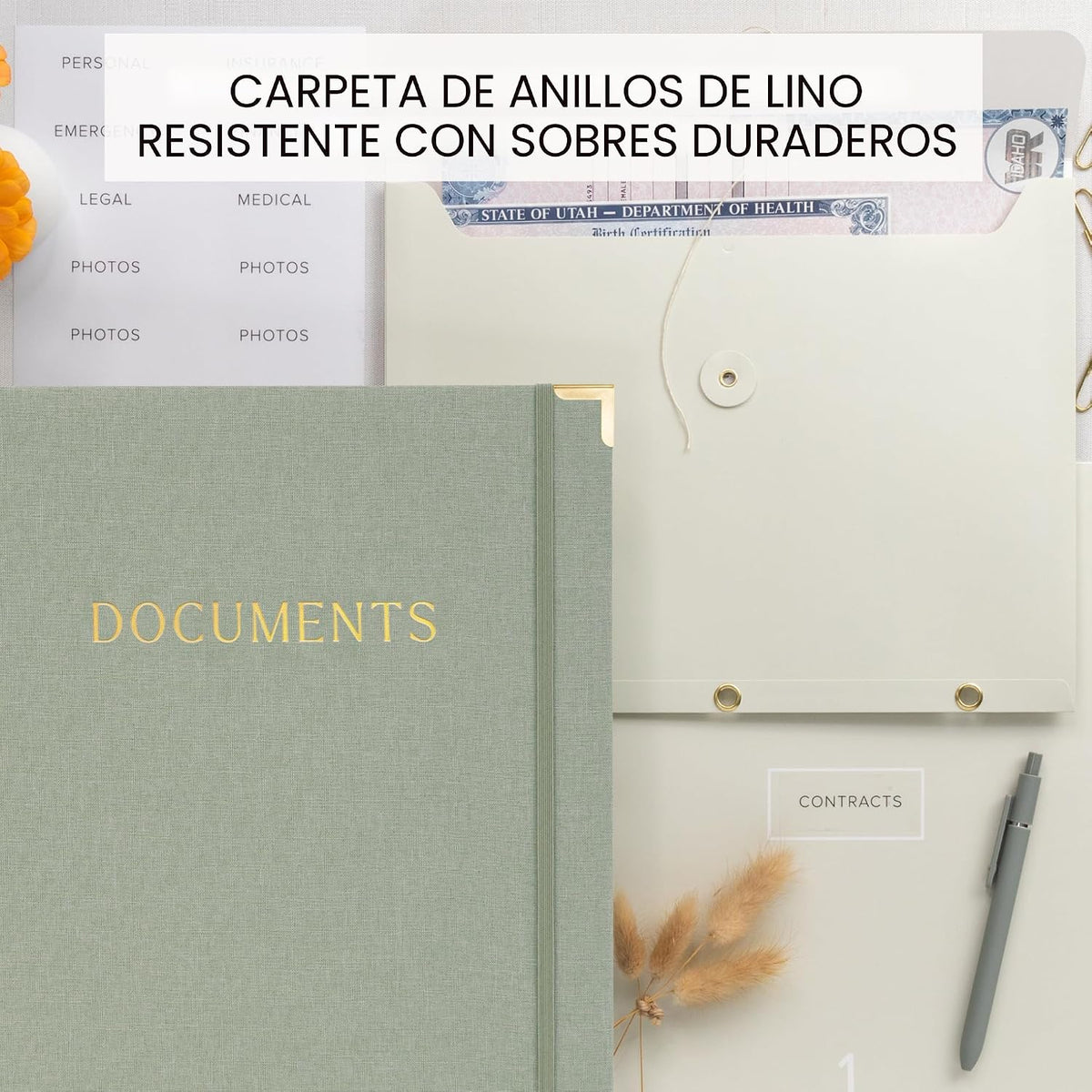 Conjunto de Organizadores de Documentos Importantes con Carpetas - Anillador de Lino Completo
