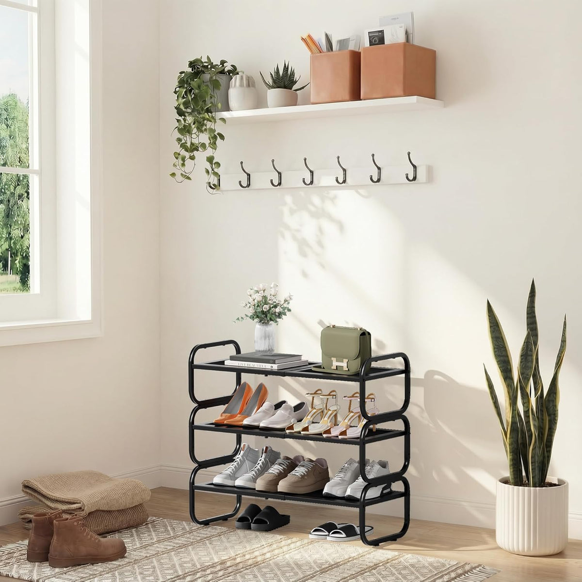estante de zapatos de 3 niveles - organizador de zapatos expandible para armario, estante de almacenamiento de zapatos de metal ajustable, soporte de zapatos largo apilable para garaje, entrada