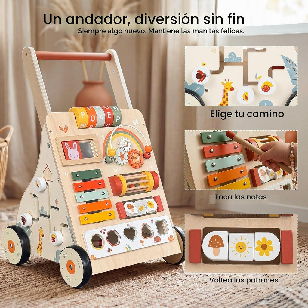 Centro de actividades de madera para caminar para bebés con música y juego