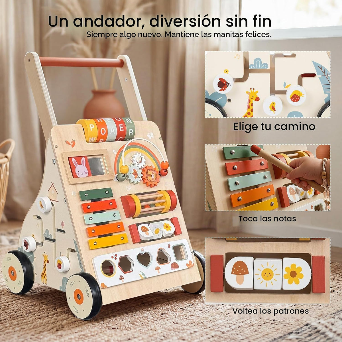 Centro de actividades de madera para caminar para bebés con música y juego