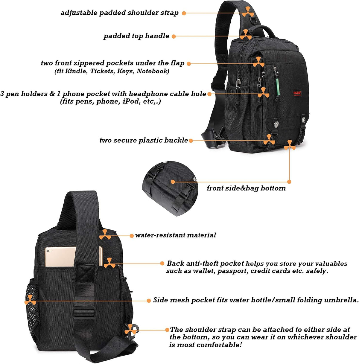 NICGID Bandoleras de hombro en el pecho, mochila para laptop, bolsa de mensajero cruzada para viajes al aire libre, hombres y mujeres