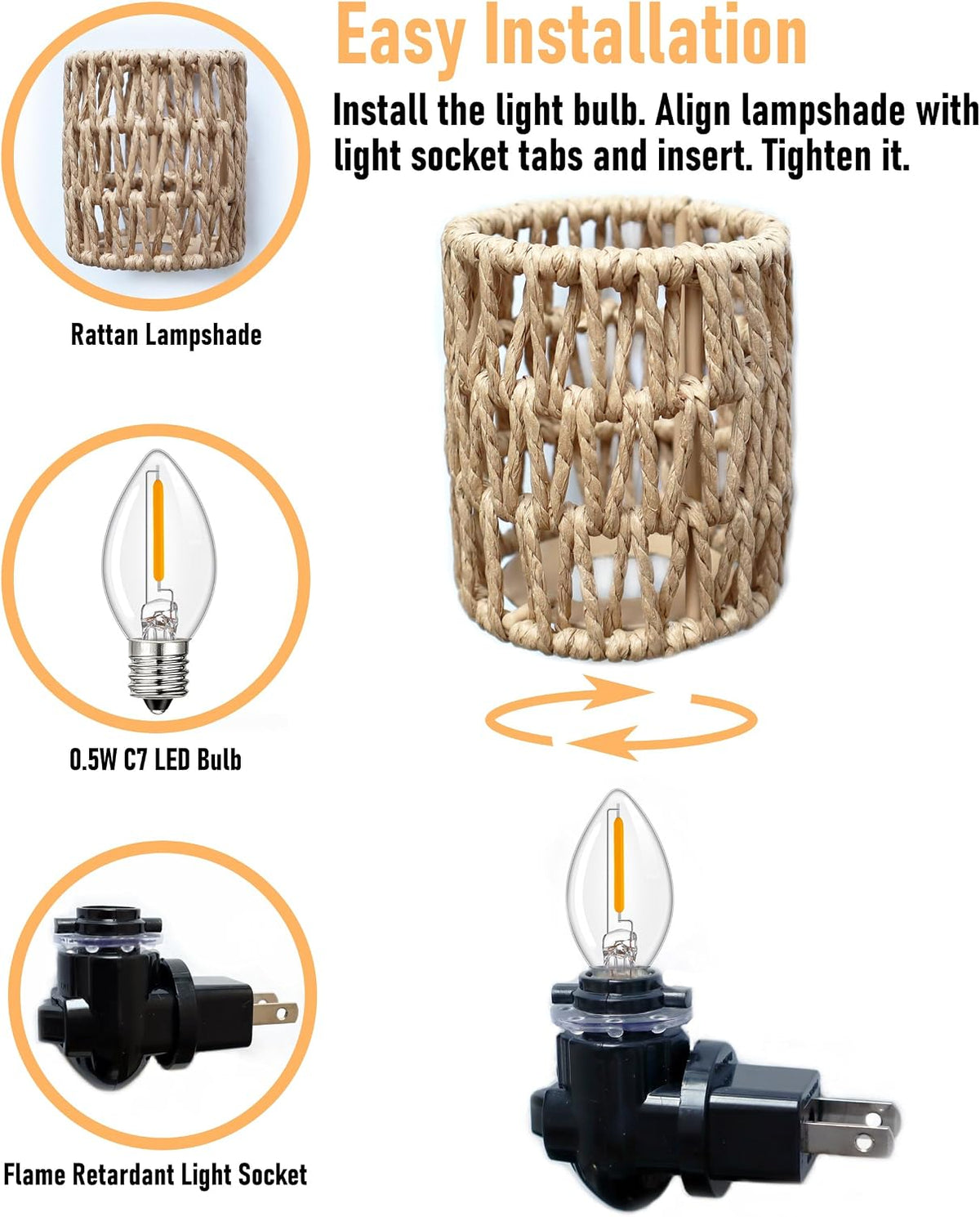 Lámpara Boho enchufe nocturno con interruptor, juego de 2 lámparas LED de granja enchufables en el enchufe de pared, luz nocturna de 0.5W para habitación de bebé con pantalla de ratán bohemia para