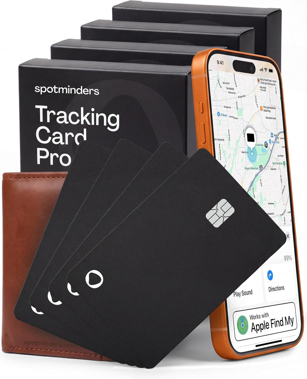SPOTMINDERS Apple MFi - Cartera para tarjetas de crédito con certificación MFi Pro, paquete de 4 unidades (solo iOS) funciona con Apple Find My Tarjeta de seguimiento recargable para billetera IP68