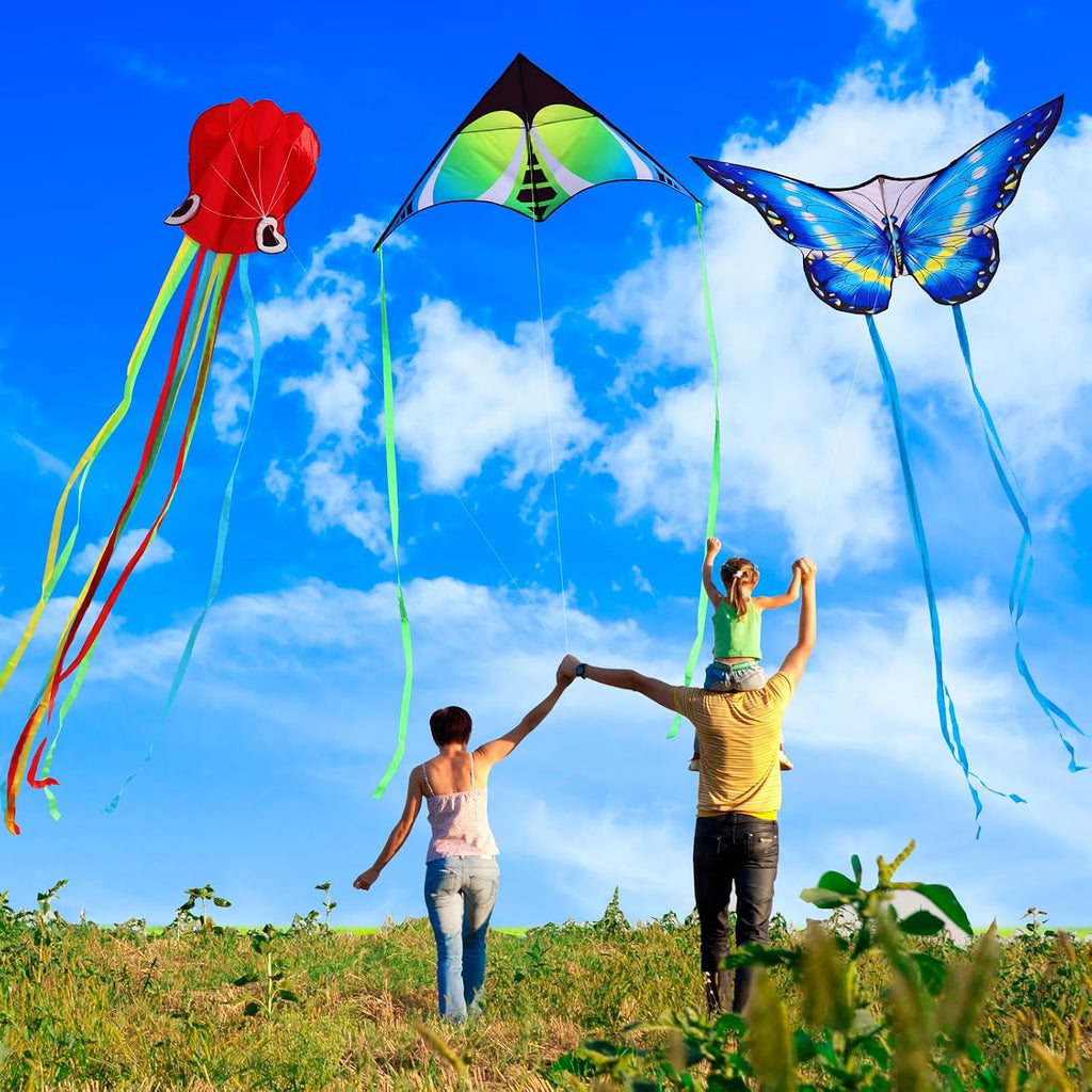 Paquete de 3 cometas para niños y adultos, fácil de volar mariposa pulpo cometa para principiantes, cometas de playa grandes para juegos y actividades al aire libre familiares
