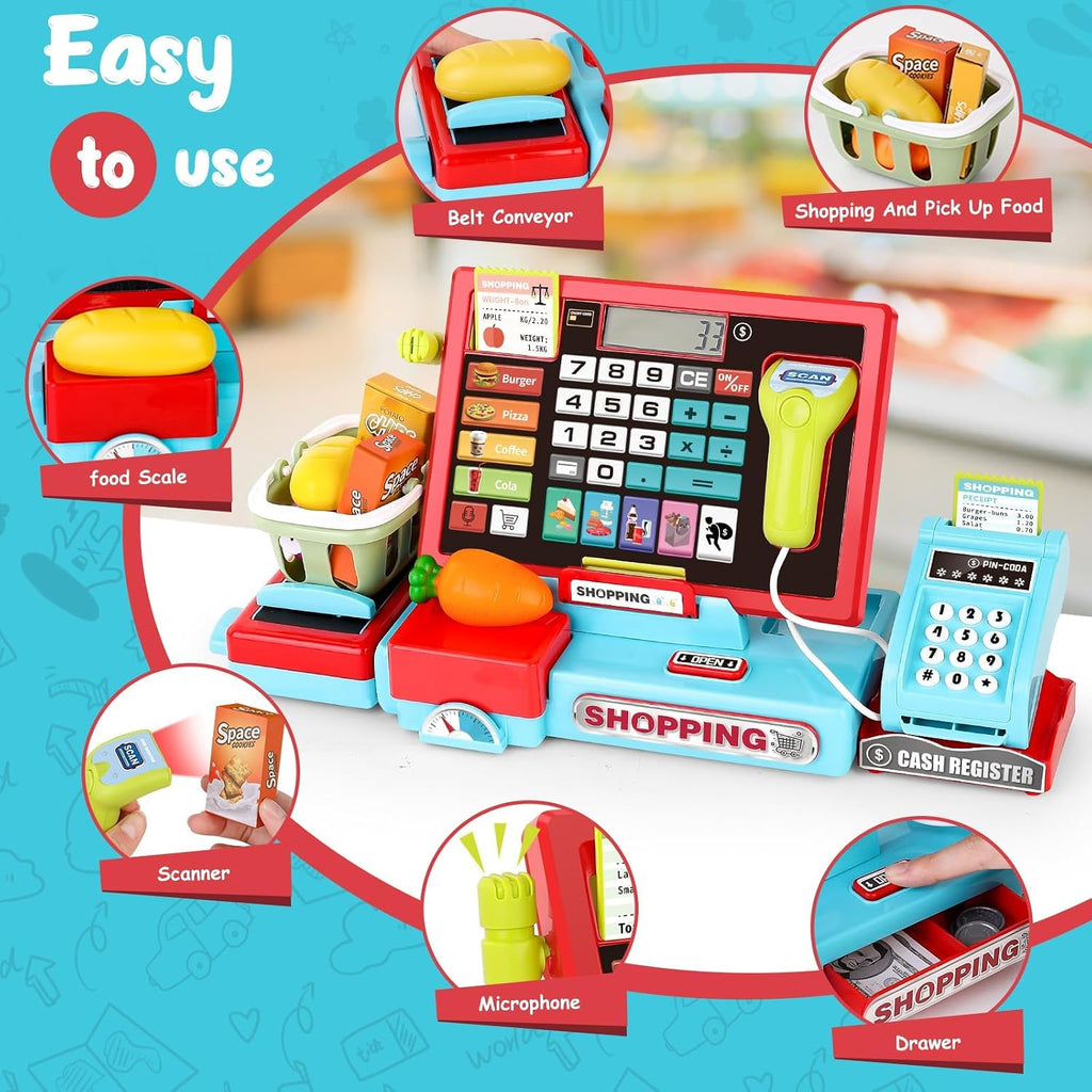 Kids Cash Register con Scanner, Role-Play Toys para Children 3-8 | Microphone, Shopping Basket, 52 Shop Accessories,Play Money, Pretend Play Children's Cash Register (Blue)