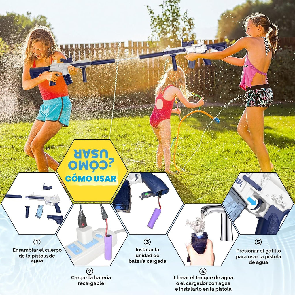Pistola de agua eléctrica, juguete de pistola de agua, pistola de chorro de agua de hasta 32 pies de largo alcance, juguete de disparos para fiesta en piscina al aire libre con 2 baterías y 2 tanques de agua, regalo ideal para niños y adultos