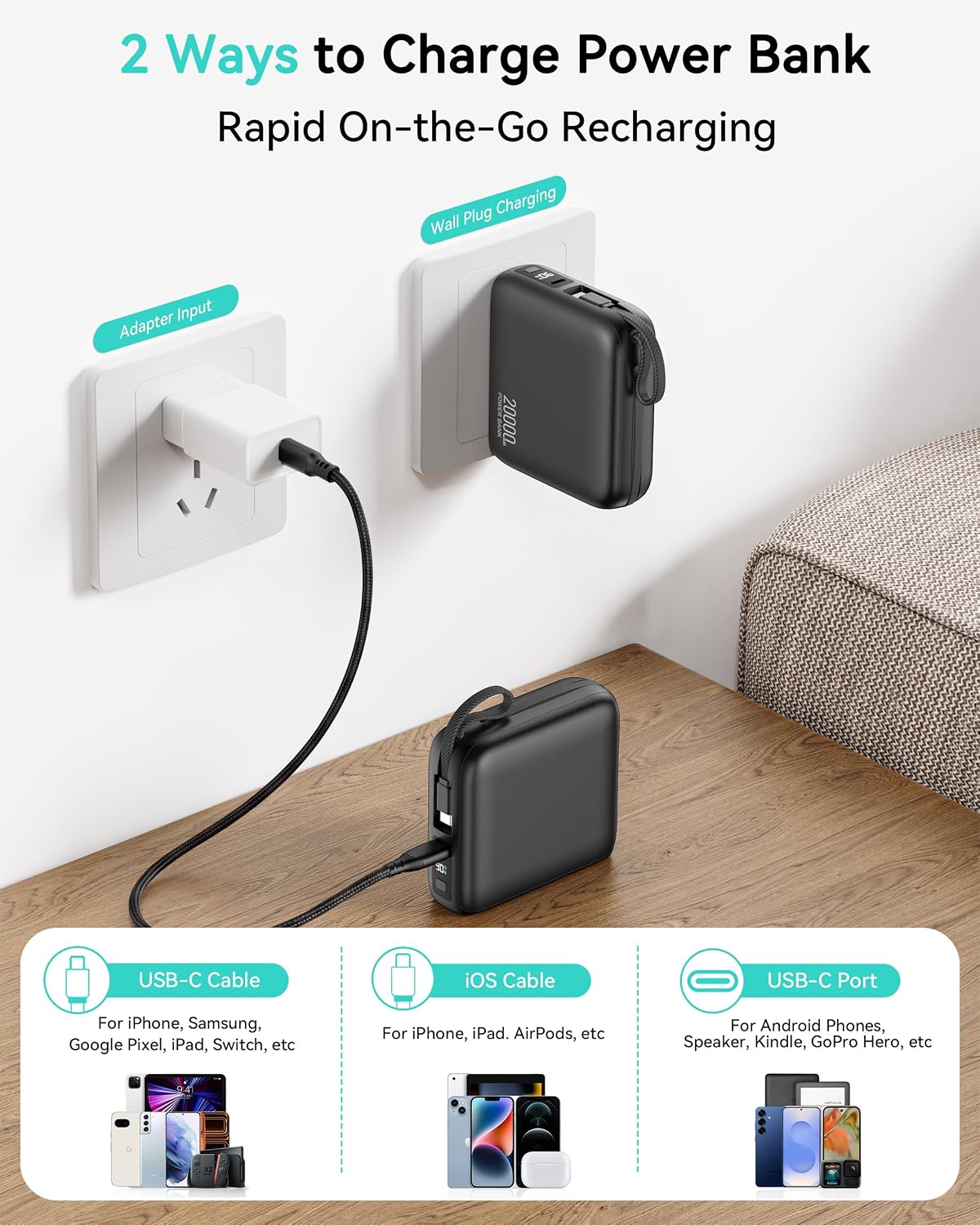 Cargador portátil 20000mAh, 22.5W Power Bank Cables integrados, Dark Gray, 20000 milliamp_hours