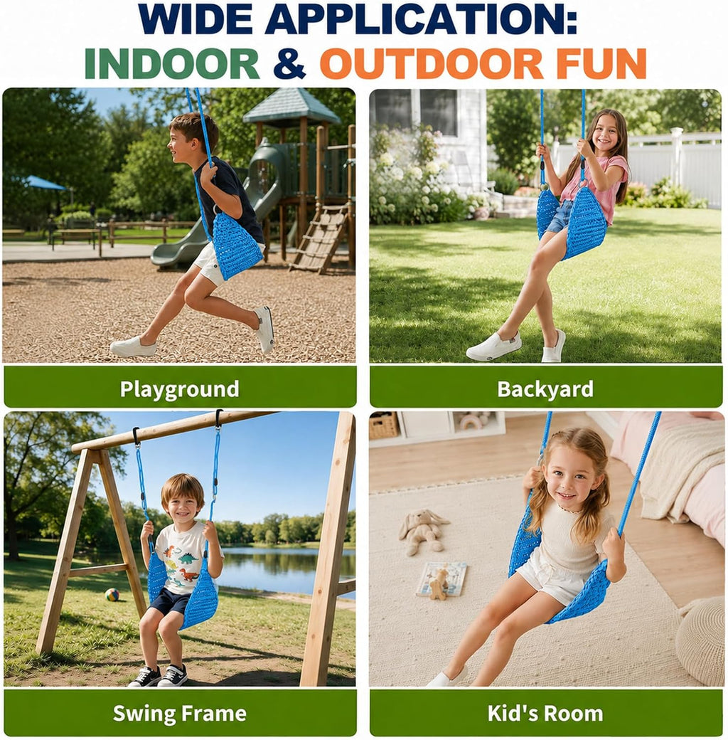 Columpio para niños tejido a mano, asiento portátil para columpio de árbol para interiores y exteriores, cuerdas ajustables, con correa para colgar y gancho a presión para camping, senderismo