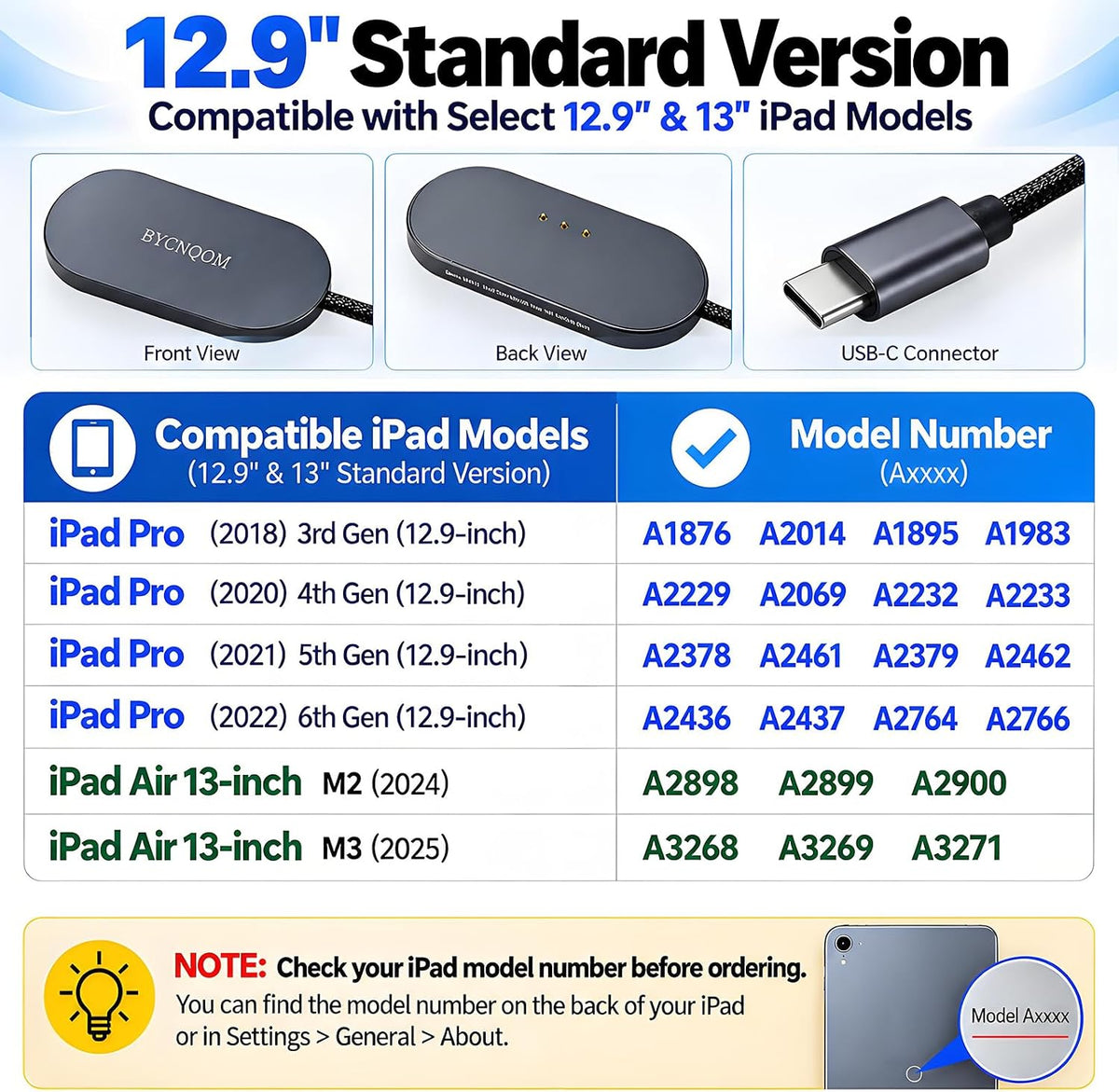 Cargador inalámbrico magnético para iPad Pro de 12.9 pulgadas (3ª/4ª/5ª/6ª) y iPad Air 13 (M3/M2) solamente, cargador de conector inteligente de carga rápida, para iPad