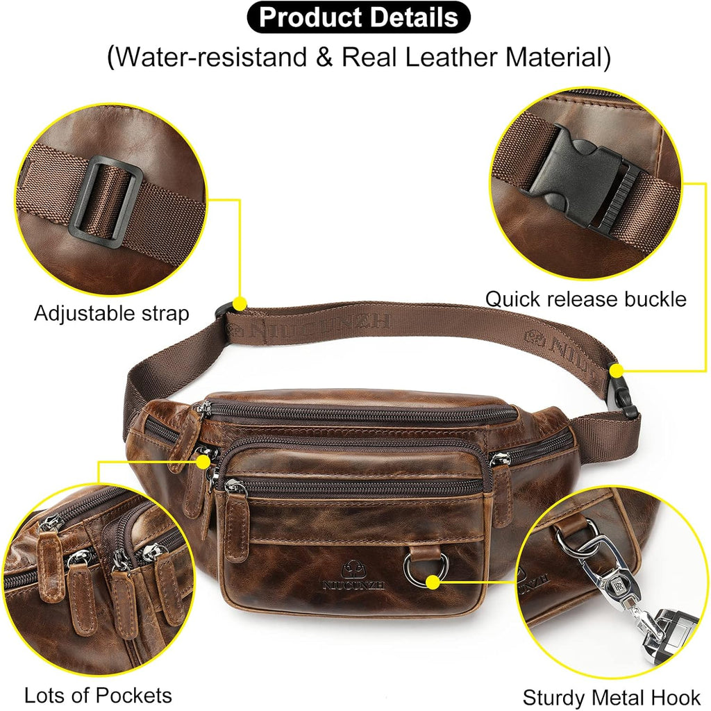 Riñonera de cuero genuino hecha a mano Bolsa de cintura de piel de vaca duradera Lotes de bolsillo con cremallera antirrobo, marrón (Brown Waxed), Pequeña