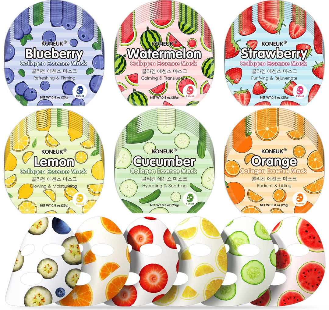 KONEUK Paquete de 60 mascarillas faciales de frutas coloridas para...