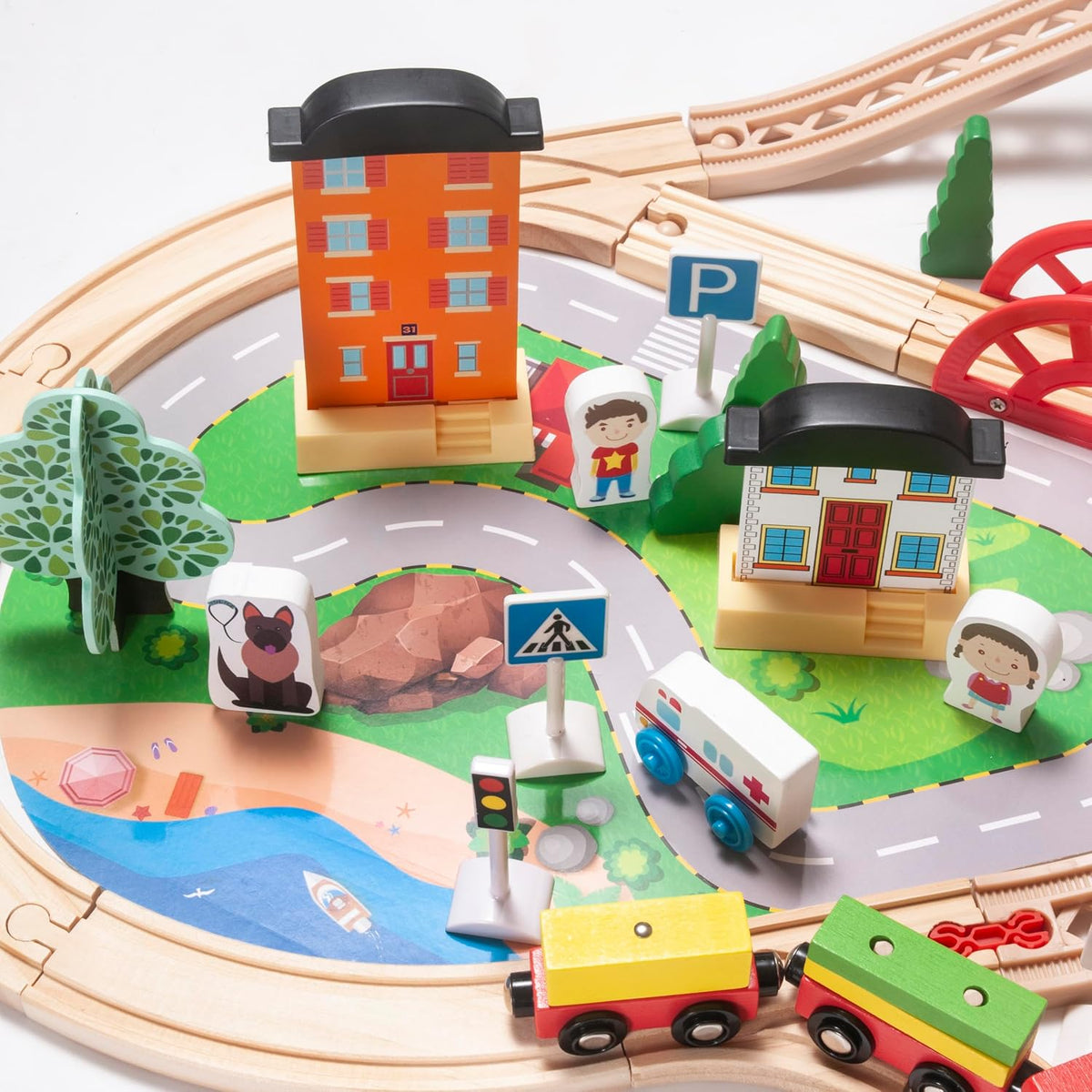 Juego de trenes de madera de 78 piezas para niños pequeños - Kits de vías